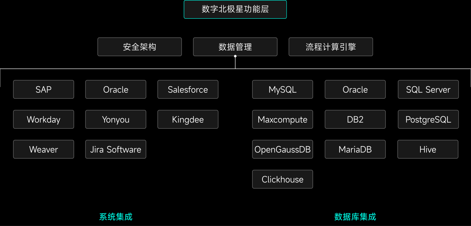 数字北极星-功能层安全架构数据管理流程计算引擎SAPOracle EBSSalesforceSAPOracle EBSSalesforceWorkday用友金蝶Workday用友金蝶泛微JIRA泛微JIRA系统集成数据库集成